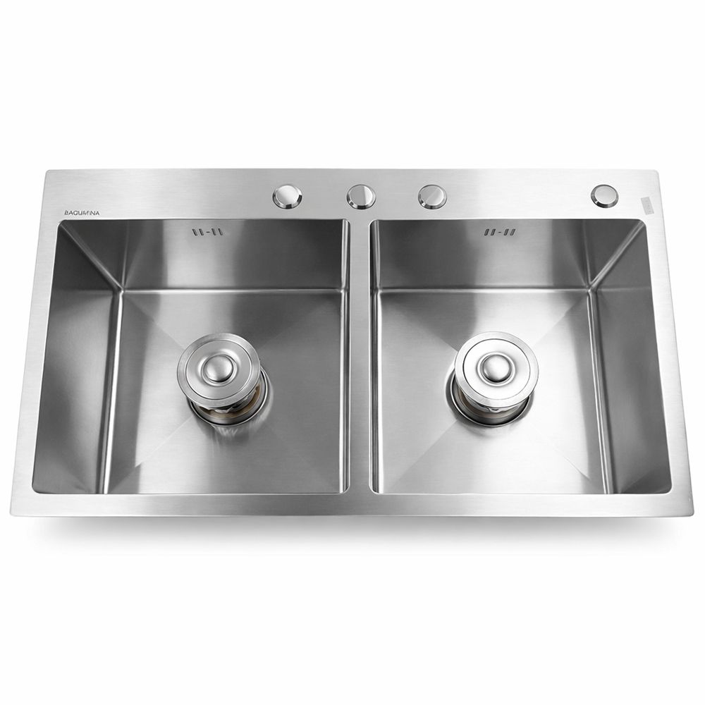 FREGADERO ACERO INOX. SATINADO 2 DEP. 31.8X17PULG (DESAGUE + DRENAJE + DIPENSADOR) AQUAFINA A-8143A