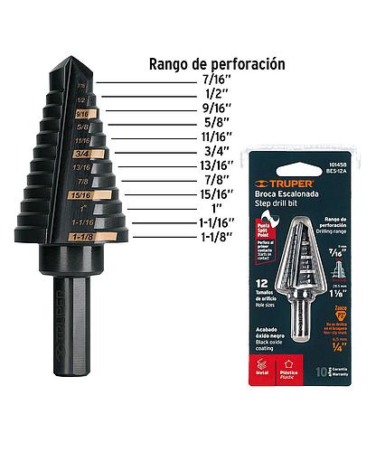 BROCA ESCALONADA MULTIUSO HSS 7/16 PULG - 1 1/8 PULG TRUPER 101458